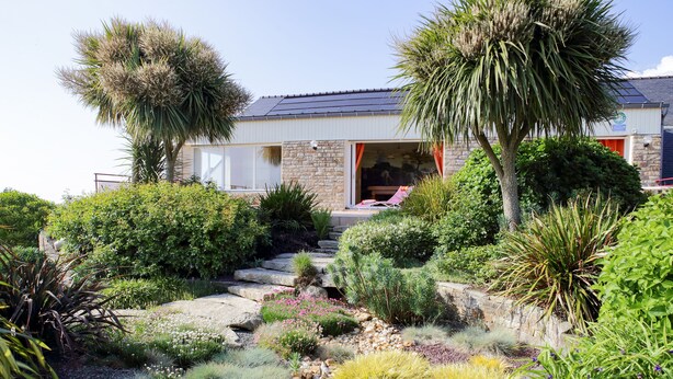 Une maison avec une façade en pierre, un porche abrité et un jardin où poussent différentes plantes, ainsi qu’un palmier.