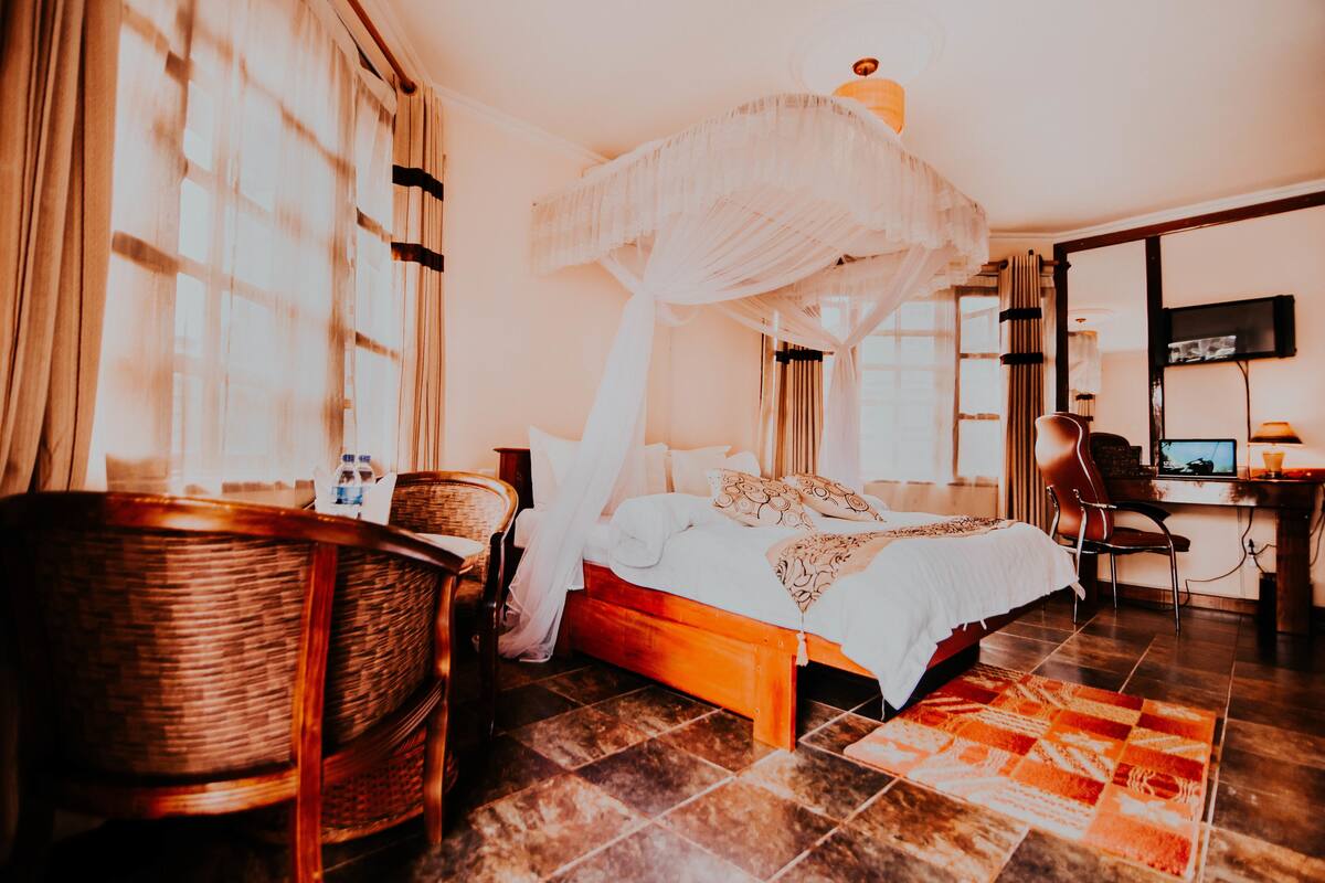 A room with a bed, a chair, a desk, and a television.