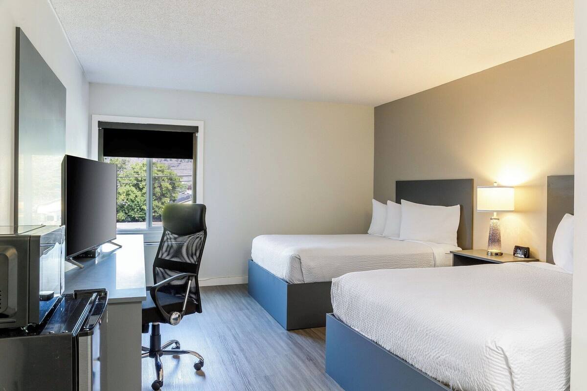 Ein Hotelzimmer mit Bett, Schreibtisch mit Computer, Stuhl, Fernseher und Fenster mit Blick auf Bäume.