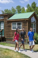 A rustic wooden cabin with a green roof, large windows, and a wooden deck.