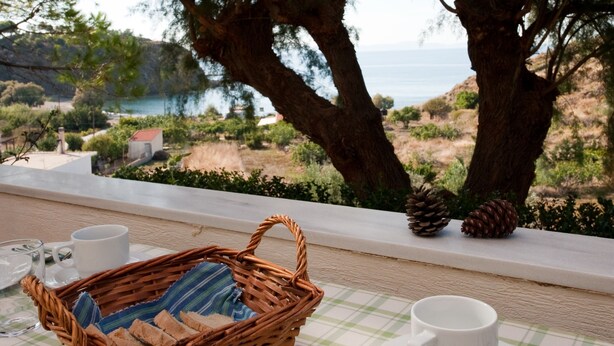 Une table dressée pour un repas, avec un panier en osier, des tasses blanches et un verre posés sur une nappe à carreaux, donnant sur un paysage côtier avec des arbres et une vue sur la mer.