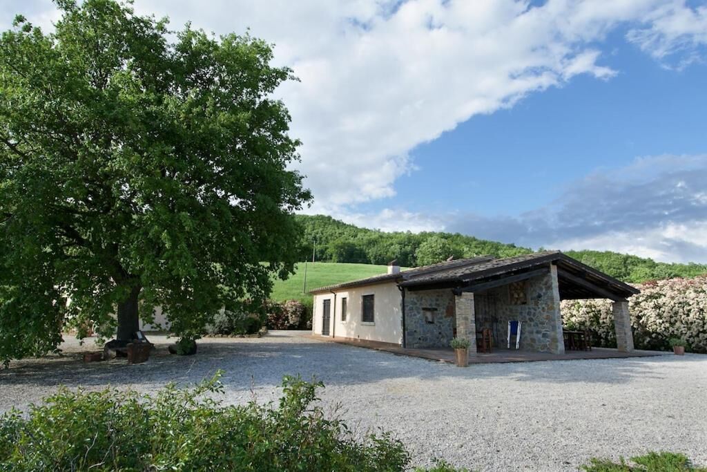 A rustic stone building with a sloped roof, a gravel driveway, and a large tree in the foreground.