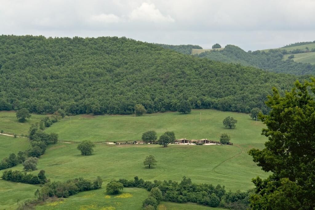 Eine ländliche Landschaft mit sanften Hügeln, vereinzelten Bäumen und einigen Gebäuden.