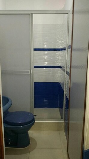 A small bathroom with a toilet and a shower stall.