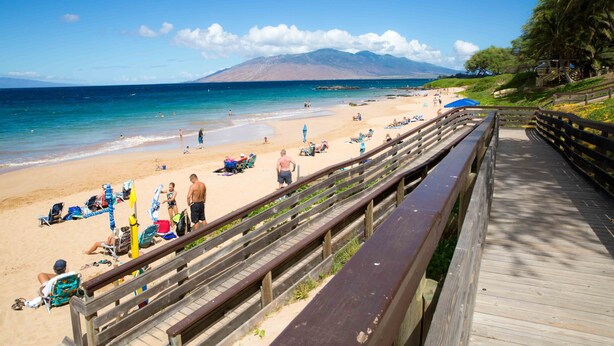 A wooden boardwalk leading to a beach with clear skies and mountains in the background.