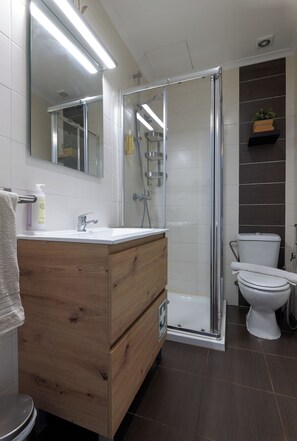Dusche, Haartrockner, Handtücher, Seife