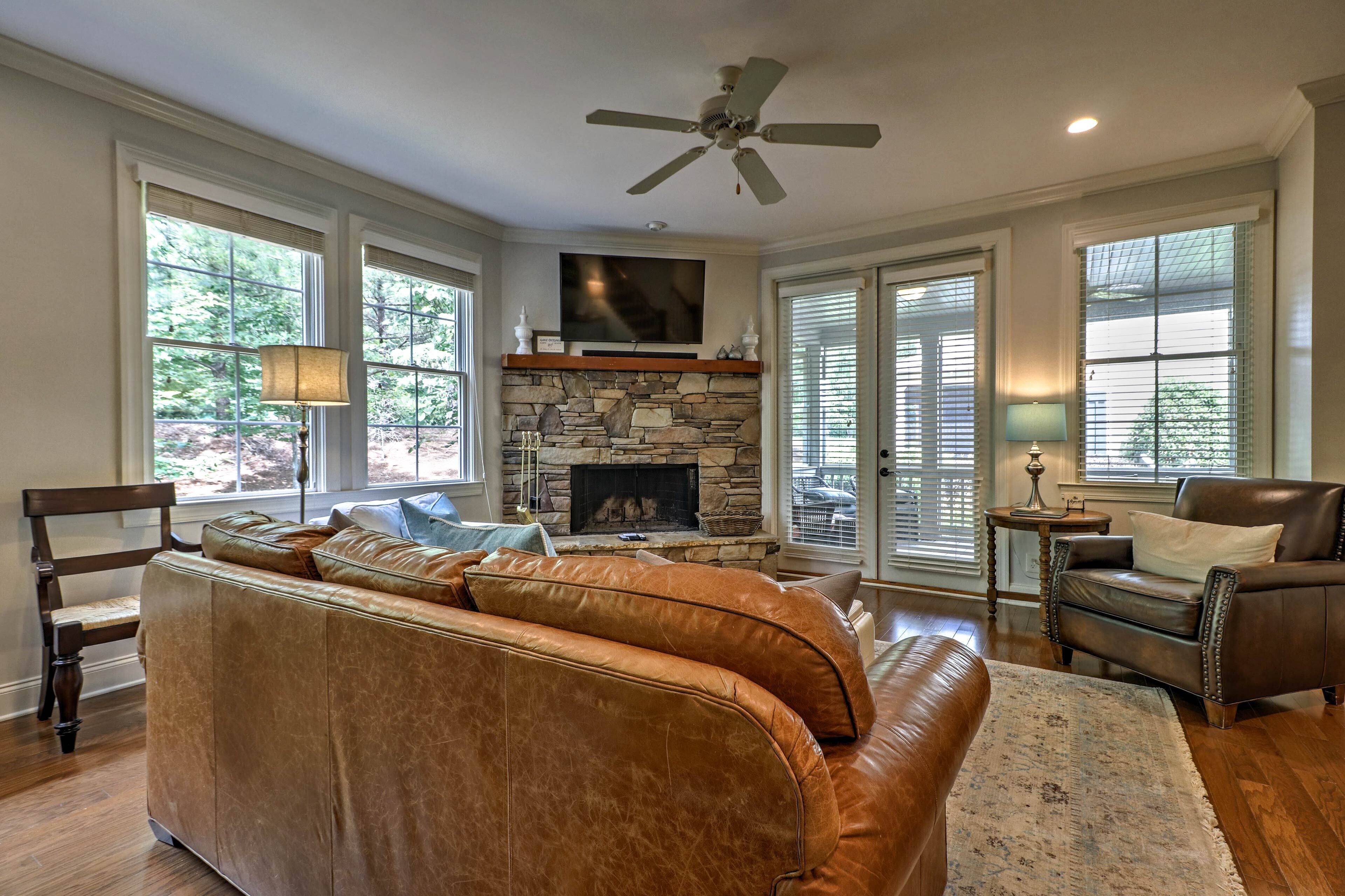 TV, fireplace, books