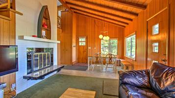 TV, fireplace, DVD player, books