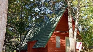 Eine Blockhütte mit einem grünen Metalldach, umgeben von Bäumen.