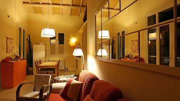 TV, caminetto, lettore DVD, libri