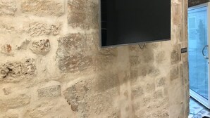 Un televisor de pantalla plana fijado en una pared de piedra con textura.