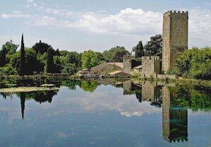 A historic castle with a tall tower, surrounded by trees and reflecting in a calm body of water. - Apartment with pool use, terrace, historical centre, for family (sermoneta)