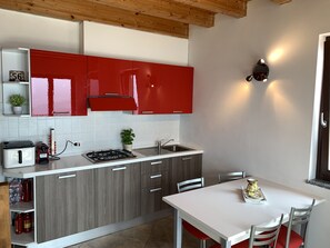 Fridge, oven, coffee/tea maker, toaster