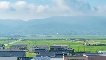 A residential area with houses, a school building, and a view of distant mountains.