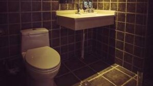 Een badkamer met donkere betegelde wanden, een witte wastafel en een toilet.