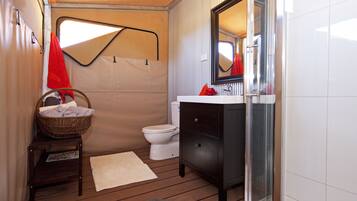 Shower, hair dryer, bathrobes, towels