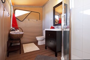 Shower, hair dryer, bathrobes, towels