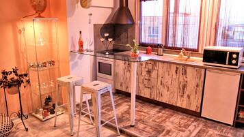 Design Apartment, 2 Bedrooms, Balcony | Private kitchenette | Fridge, microwave, oven, stovetop
