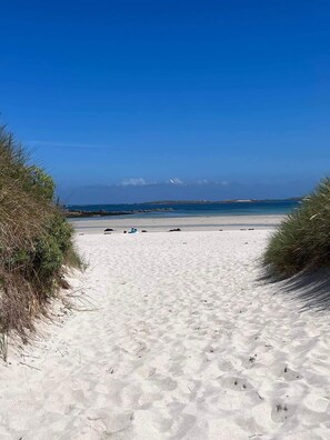 On the beach, sun loungers
