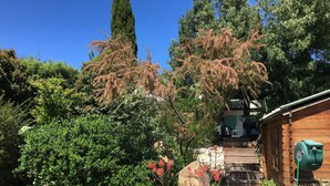 A garden with various plants, a wooden structure, and a clear sky. - Superb farmhouse in a beautiful green setting, breathtaking view of the Canigou  (Vivès)