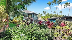 A tropical garden with a house, palm trees, and a swimming pool. - Plantation House (Kihei)