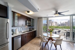 Une cuisine moderne offrant une vue sur le paysage urbain grâce à de grandes fenêtres.