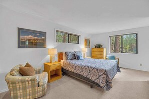 A bedroom with a bed, a chair, a nightstand, a dresser, and two windows.