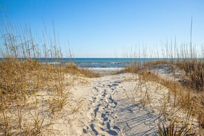 A sandy beach with footprints leading to the water, surrounded by tall grasses. - Suncatcher- Ocean Front Home in Atlantic Beach, NC (Atlantic Beach)