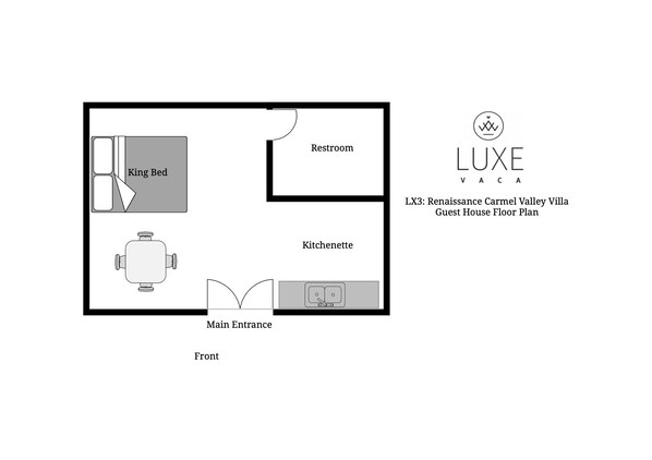 A floor plan of a guest house with a King Bed, a Kitchenette, a Bathroom, and a Main Entrance.