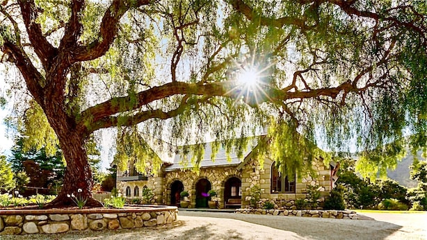 A stone building with arched windows and a large tree in front.