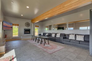 Smart TV, fireplace, table tennis, books