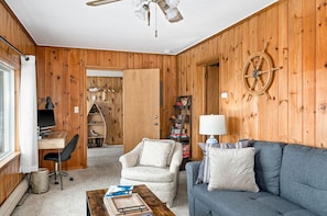 Smart TV, fireplace, books