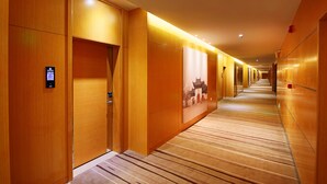 Pasillo de hotel con paredes de madera, alfombra estampada y un mapa del pasillo.