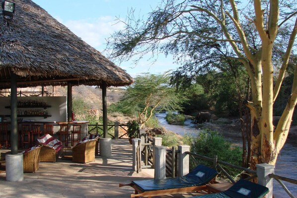A thatched-roof outdoor seating area with wicker furniture and a view of a river and wildlife. - Man Eaters Lodge (Tsavo)