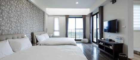 Panoramic Quadruple Room, Multiple Beds, Balcony, Sea Facing | 1 bedroom, premium bedding, minibar, desk