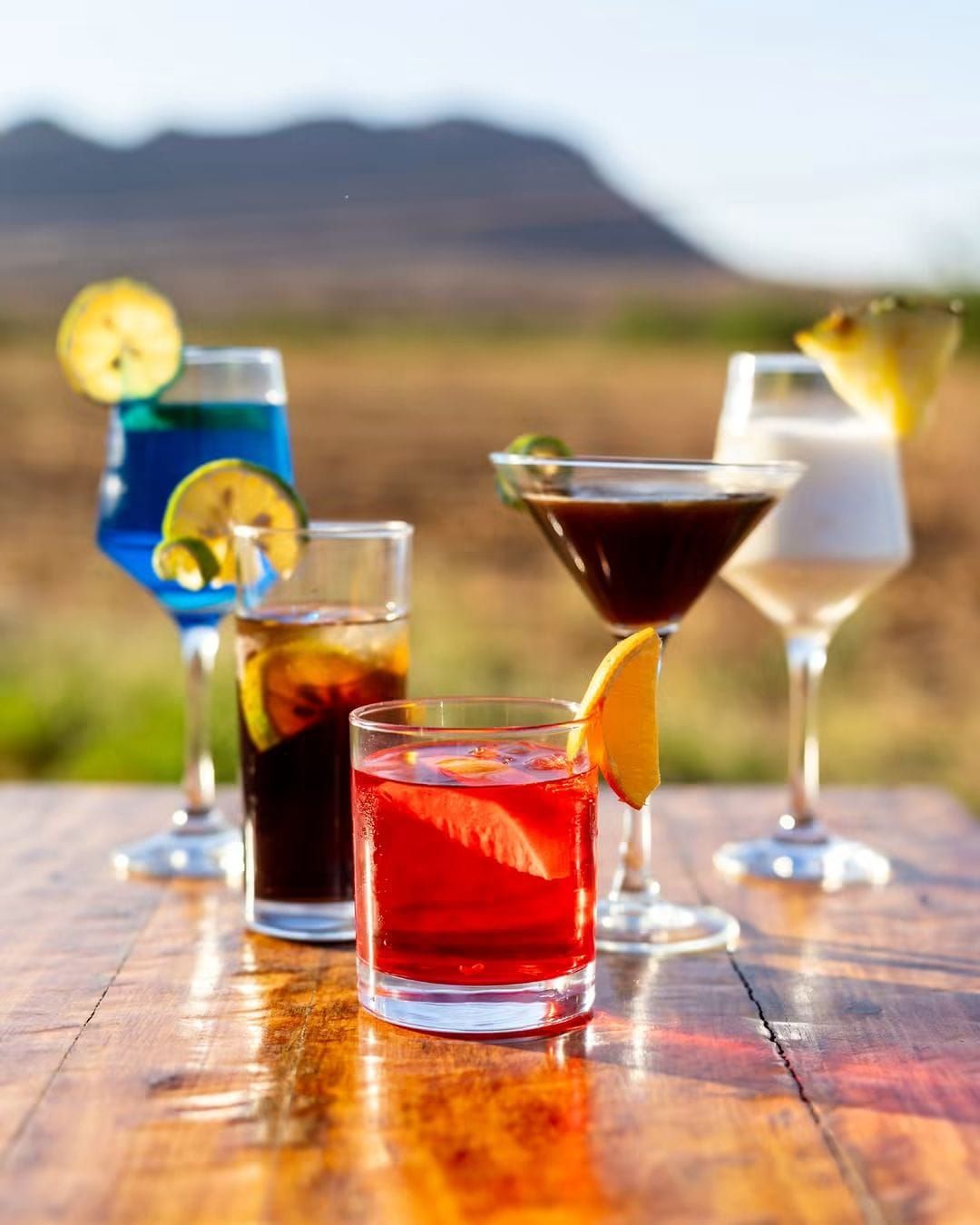 Variedad de bebidas sobre una superficie de madera, con un paisaje natural desenfocado al fondo.