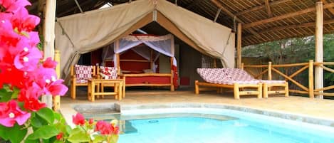 Piscina externa, funciona das 10h às 18h30, espreguiçadeiras