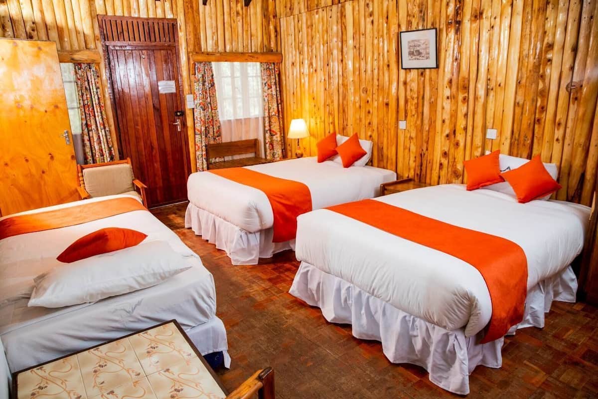 Habitación con tres camas, paredes y puerta de madera, una silla y una mesita.