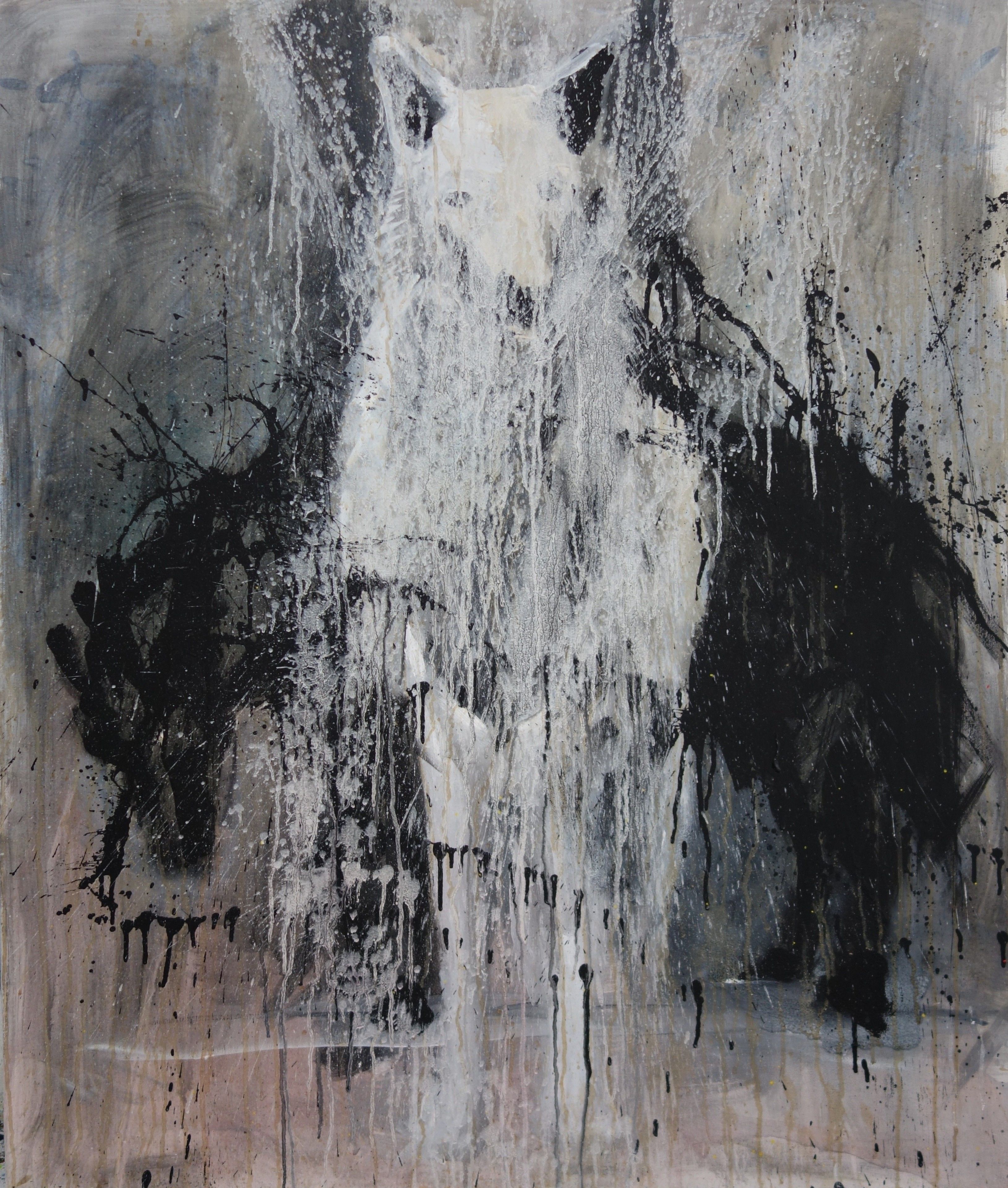 A textured abstract painting with dripping paint effects.