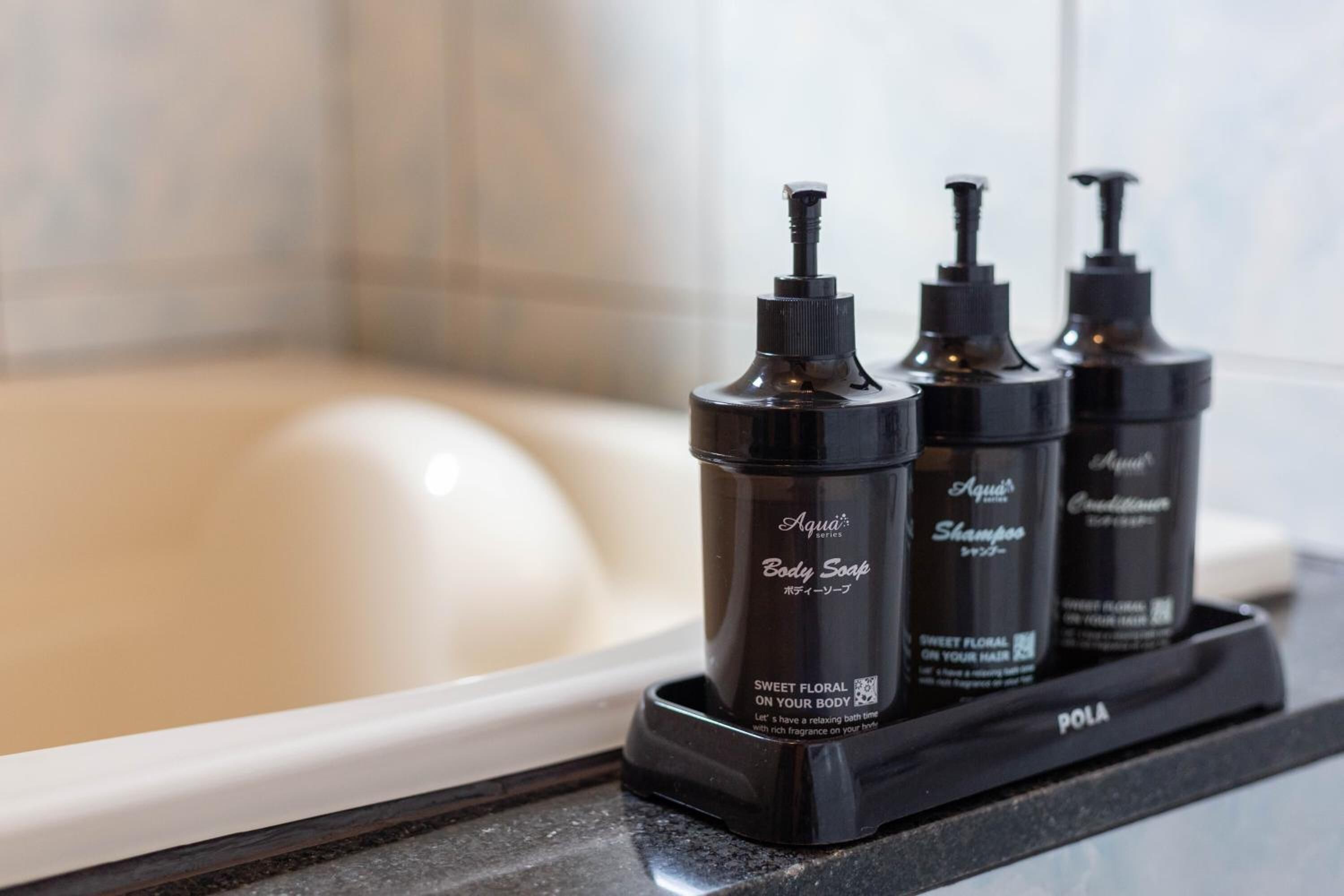 separate bathtub and shower, free toiletries, hair dryer, bathrobes