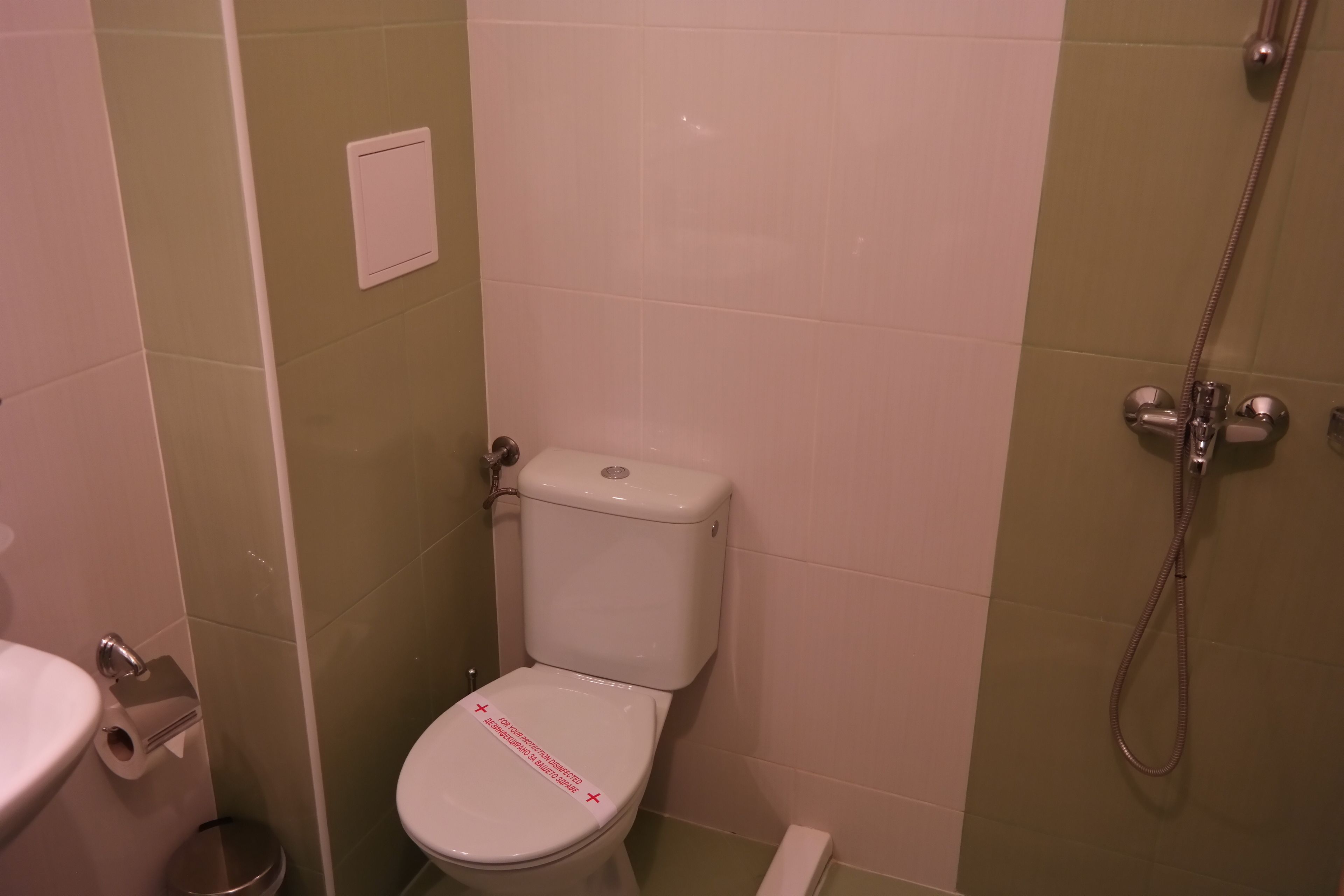 A bathroom with a toilet, a shower, and a toilet paper holder.