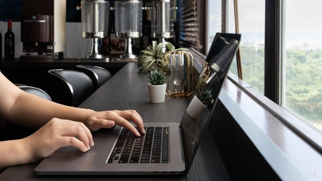 A person using a laptop on a desk with a window view, a small potted plant, and a decorative glass container.