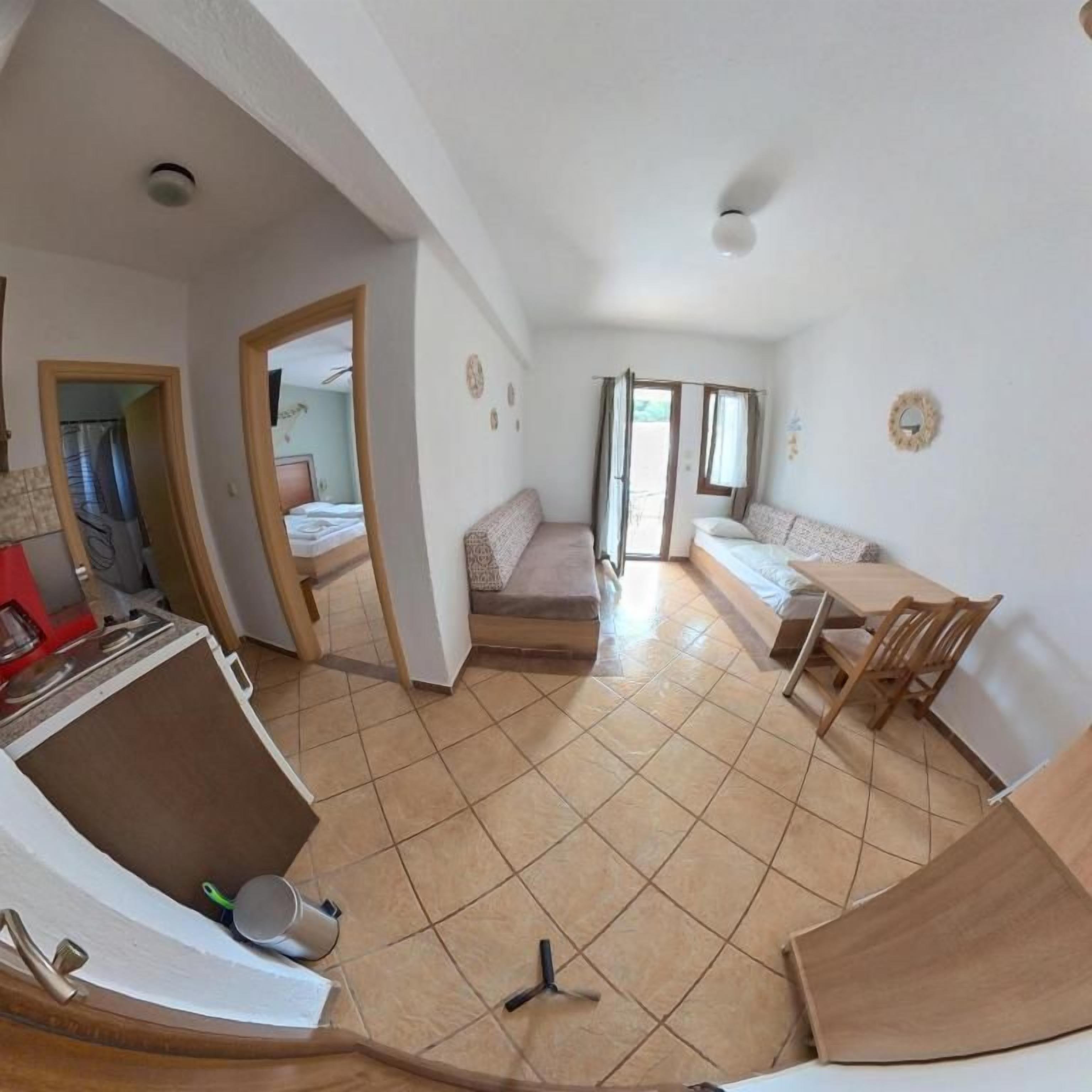 A room with a bed, a sofa, a dining table, and a kitchen area with a sink and countertop.