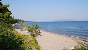 A beach with clear blue water, a sandy shore, and some greenery. - Amari Hotel (Polygyros)