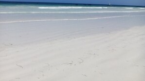 Una playa con cielo despejado y mar tranquilo.