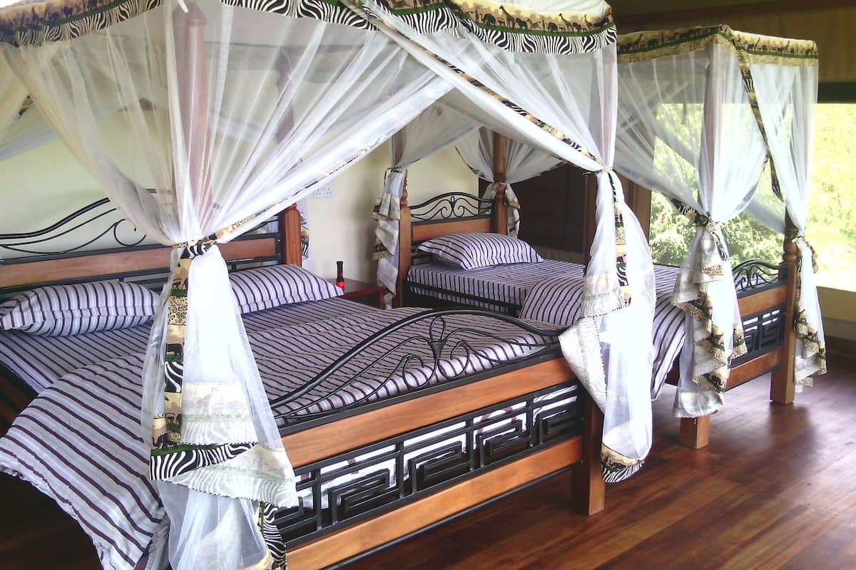 Una habitación con dos camas de madera, cada una con dosel y mosquitero.