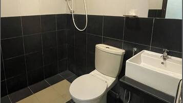 Shower, free toiletries, hair dryer, towels