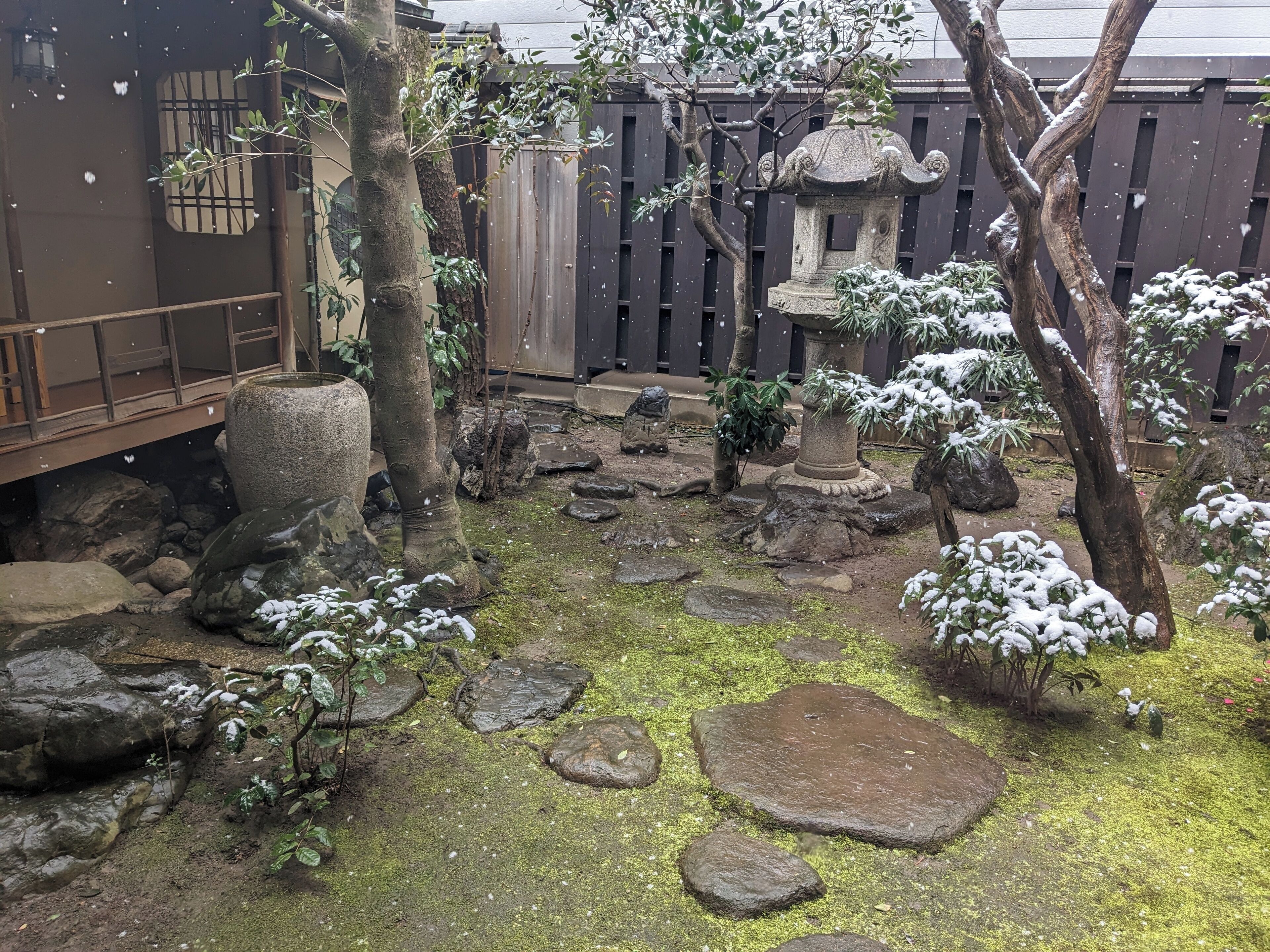 Un jardín con faroles de piedra, suelo cubierto de musgo y árboles.