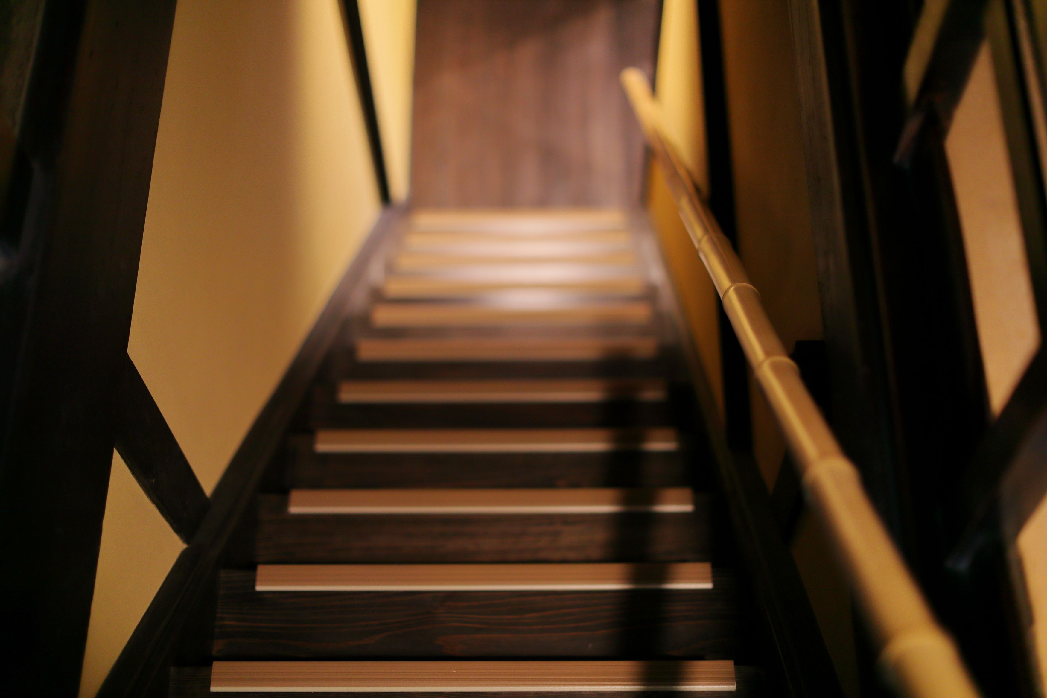 A wooden staircase with a handrail, leading upwards in a narrow hallway.