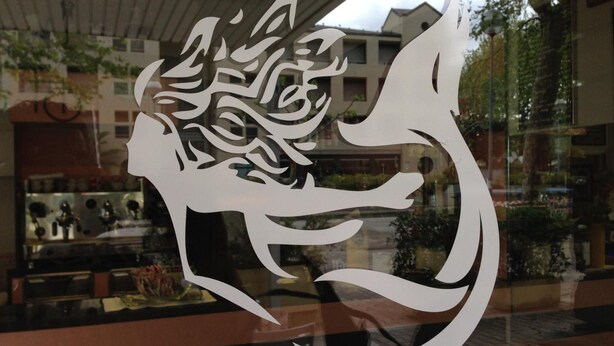 Una ventana de vidrio con un diseño decorativo blanco.